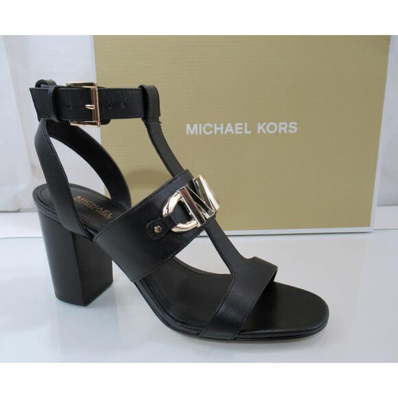 Michael Kors Izzy T-Strap Sandal Embellished Heels Leather Black Size 7 - Picture 1 of 8
